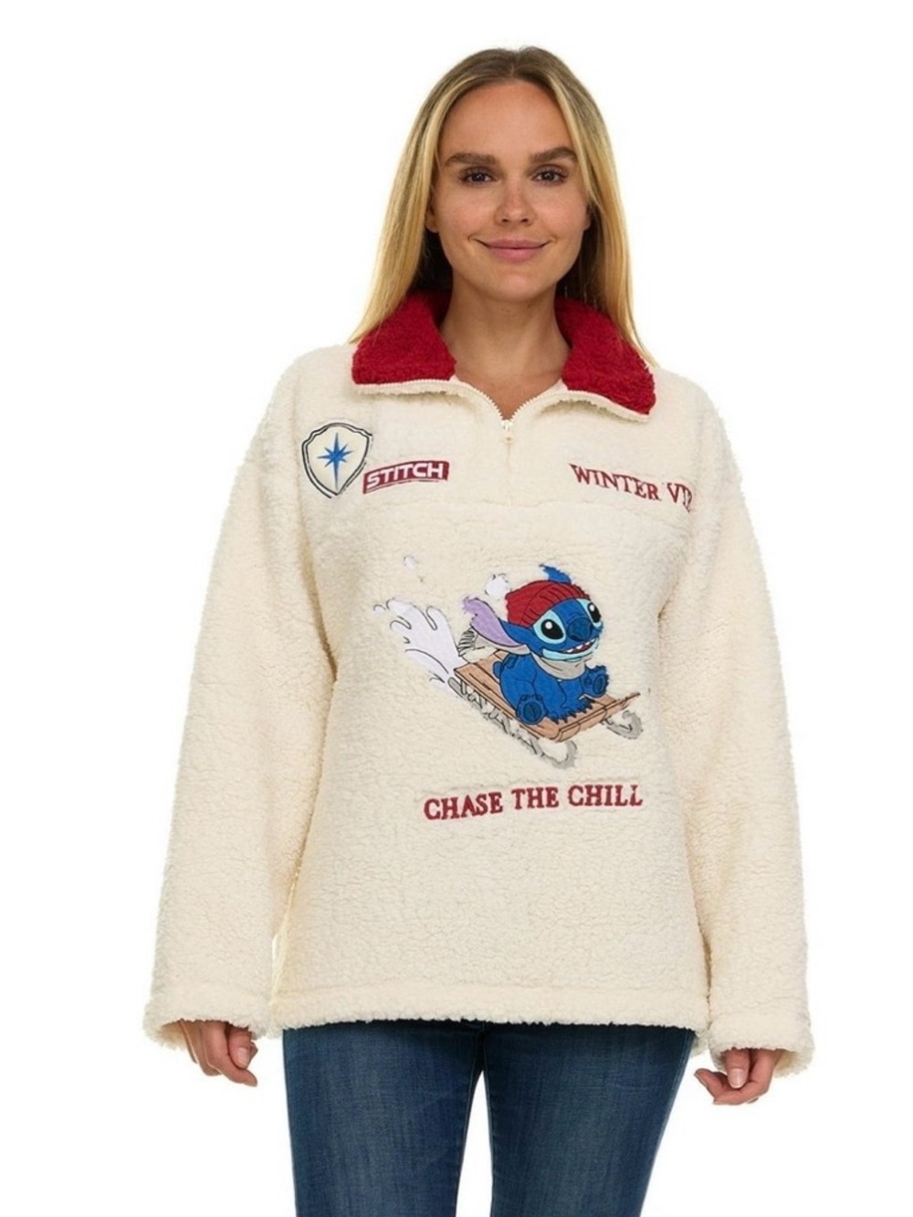 Disney Cream Sherpa Pullover with Red Contrast Collar